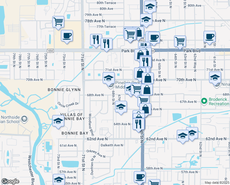 map of restaurants, bars, coffee shops, grocery stores, and more near 6795 68th Avenue North in Pinellas Park