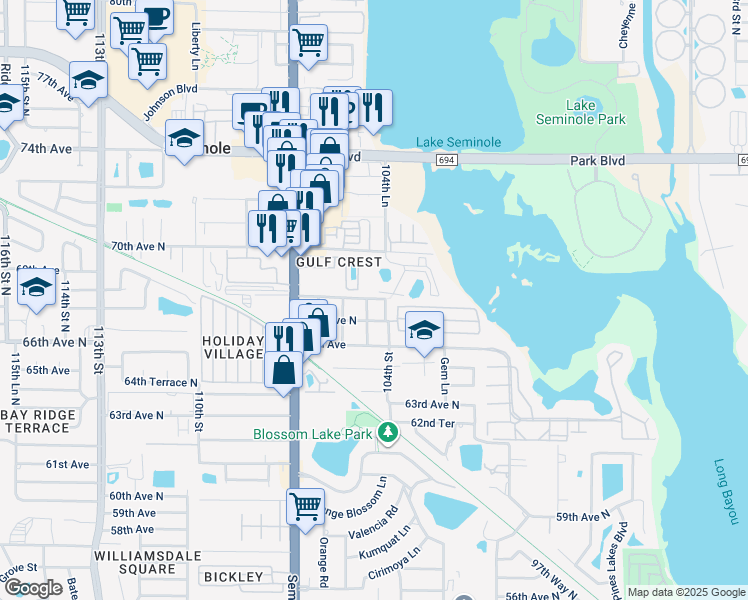 map of restaurants, bars, coffee shops, grocery stores, and more near 10462 104th Street in Seminole