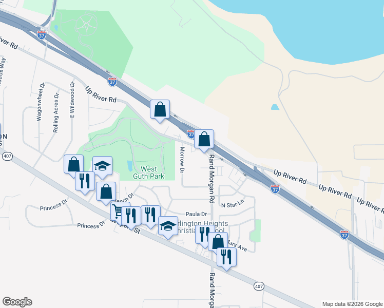 map of restaurants, bars, coffee shops, grocery stores, and more near 9443 Up River Road in Corpus Christi