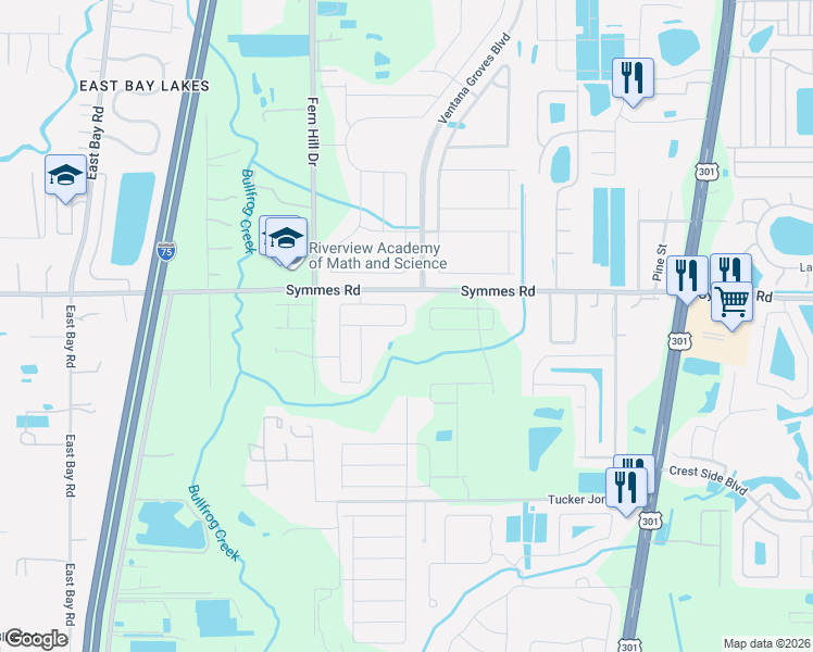map of restaurants, bars, coffee shops, grocery stores, and more near 11343 Ivy Flower Loop in Riverview
