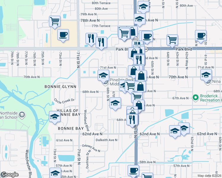 map of restaurants, bars, coffee shops, grocery stores, and more near 6795 68th Avenue North in Pinellas Park