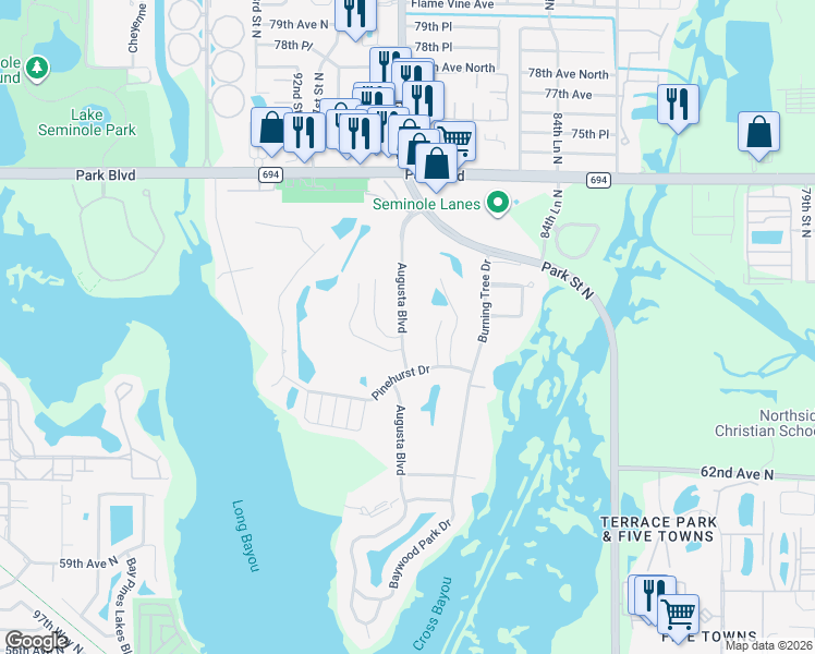 map of restaurants, bars, coffee shops, grocery stores, and more near 6852 Augusta Boulevard in Seminole