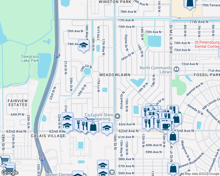map of restaurants, bars, coffee shops, grocery stores, and more near 6831 17th Street North in Saint Petersburg