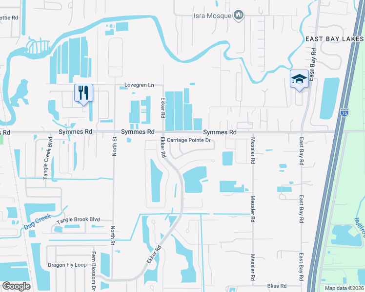 map of restaurants, bars, coffee shops, grocery stores, and more near 11504 Button Bay Place in Gibsonton