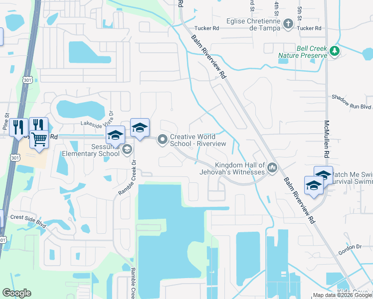 map of restaurants, bars, coffee shops, grocery stores, and more near 11419 Coconut Island Drive in Riverview