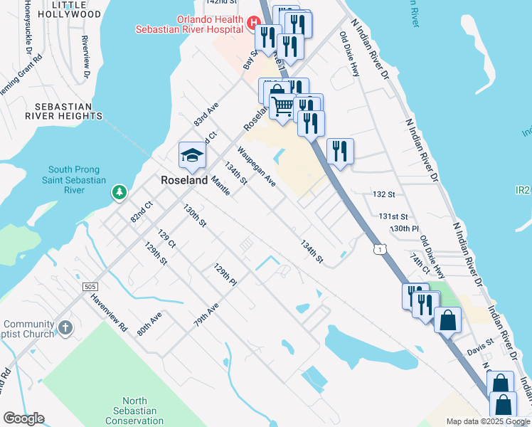 map of restaurants, bars, coffee shops, grocery stores, and more near 8001 134th Street in Sebastian