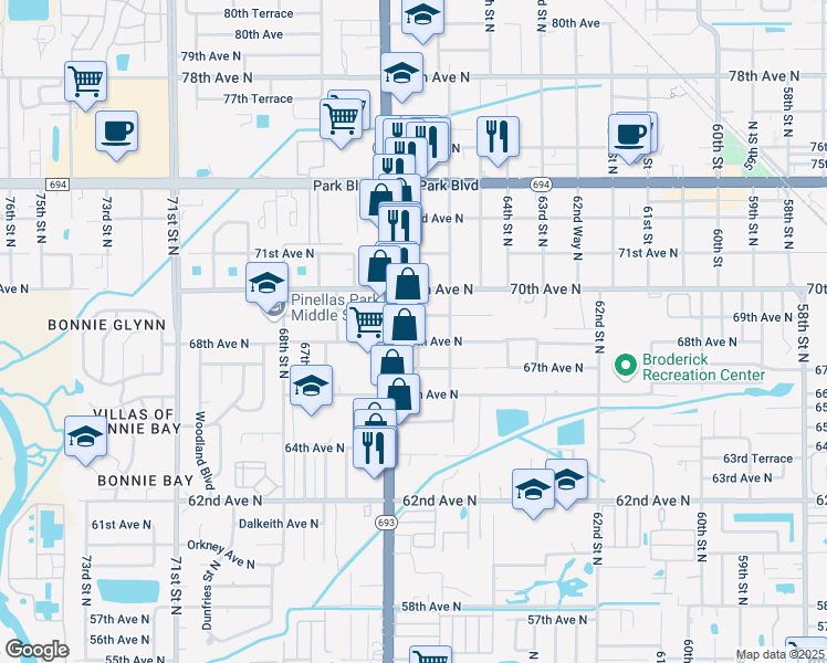 map of restaurants, bars, coffee shops, grocery stores, and more near 6851 66th Street North in Pinellas Park