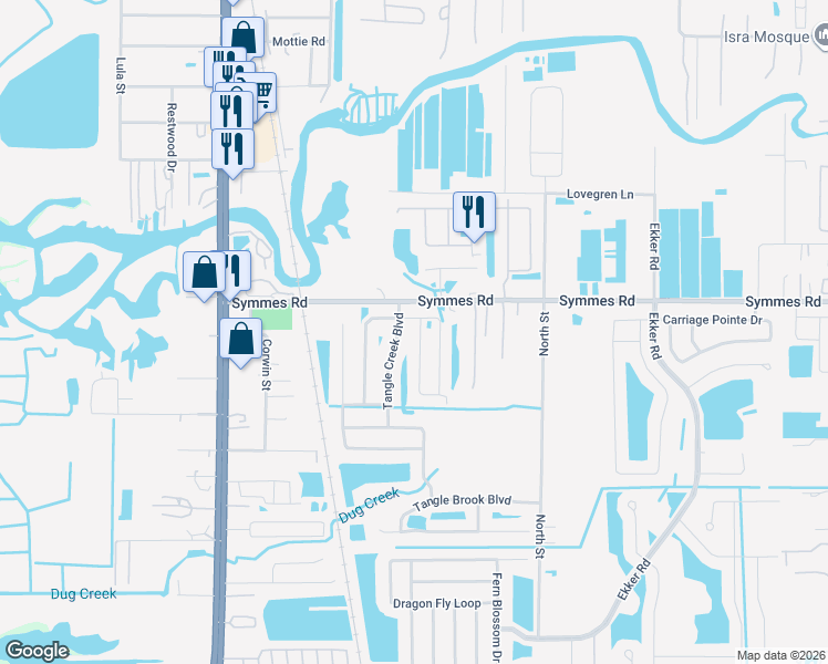 map of restaurants, bars, coffee shops, grocery stores, and more near 11506 Southern Creek Drive in Gibsonton