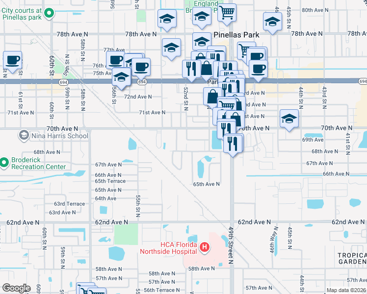 map of restaurants, bars, coffee shops, grocery stores, and more near 6760 51st Way North in Pinellas Park