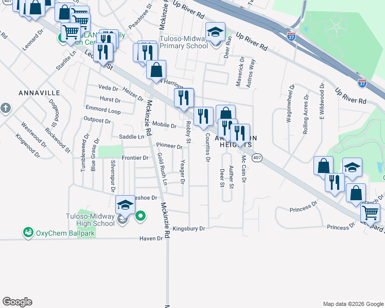 map of restaurants, bars, coffee shops, grocery stores, and more near 2733 Robby Street in Corpus Christi