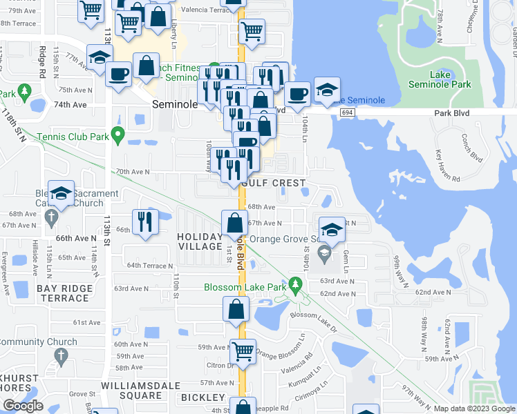 map of restaurants, bars, coffee shops, grocery stores, and more near 11175 106th Street North in Seminole