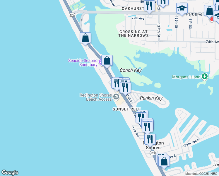 map of restaurants, bars, coffee shops, grocery stores, and more near 18218 Sunset Boulevard in Redington Shores