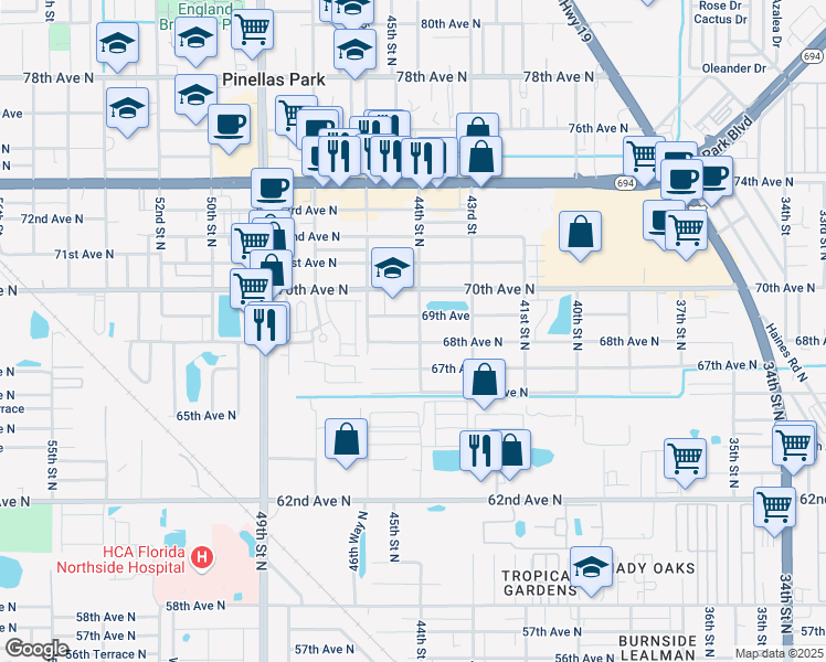 map of restaurants, bars, coffee shops, grocery stores, and more near 6840 44th Street North in Pinellas Park