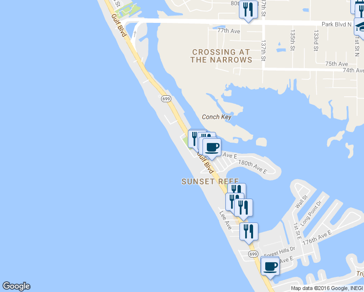 map of restaurants, bars, coffee shops, grocery stores, and more near 18218 Sunset Boulevard in Redington Shores