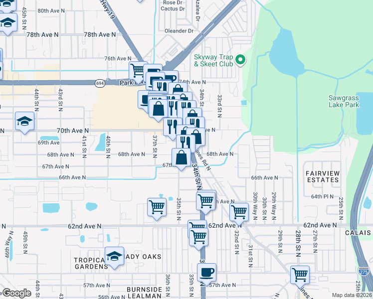 map of restaurants, bars, coffee shops, grocery stores, and more near 6840 US Highway 19 North in Pinellas Park