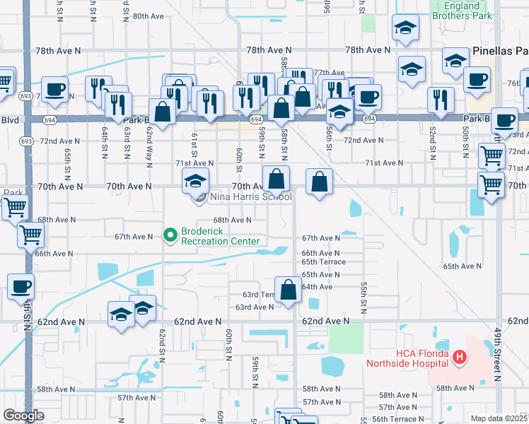 map of restaurants, bars, coffee shops, grocery stores, and more near 6821 59th Way North in Pinellas Park