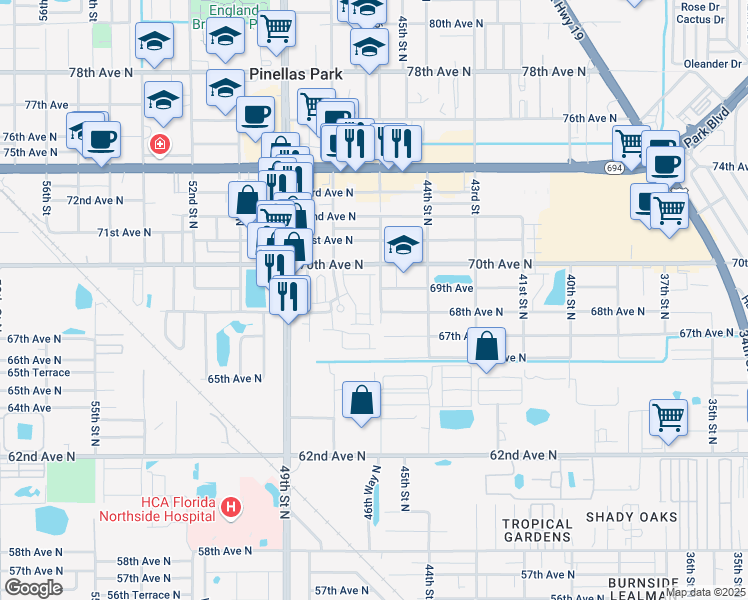 map of restaurants, bars, coffee shops, grocery stores, and more near 6814 46th Lane North in Pinellas Park