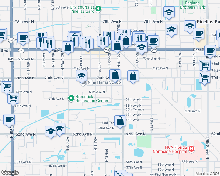map of restaurants, bars, coffee shops, grocery stores, and more near 6821 59th Way North in Pinellas Park
