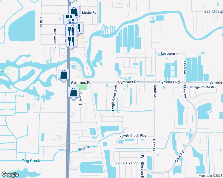 map of restaurants, bars, coffee shops, grocery stores, and more near 11519 Tangle Creek Boulevard in Gibsonton