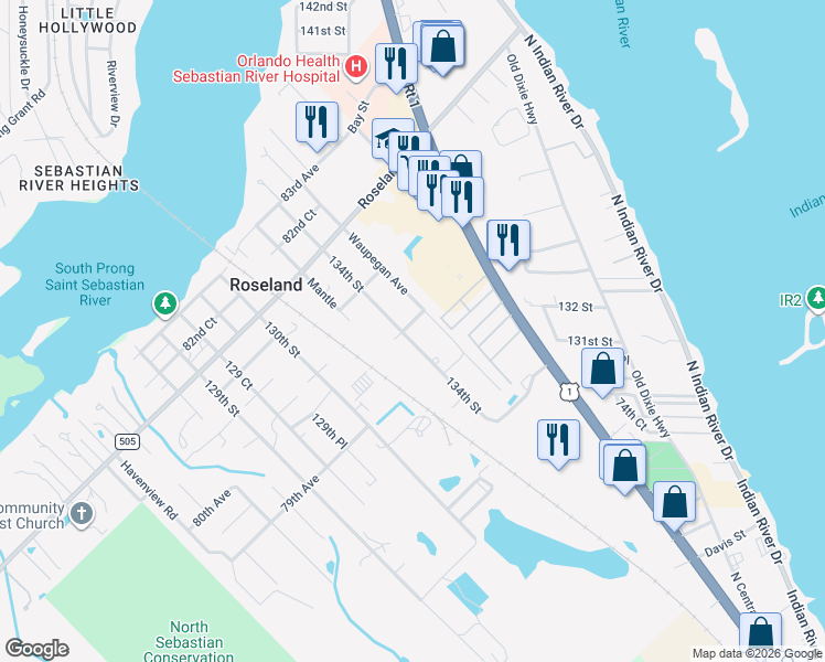 map of restaurants, bars, coffee shops, grocery stores, and more near 13400 80th Avenue in Sebastian