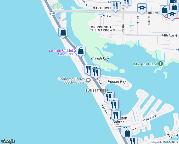 map of restaurants, bars, coffee shops, grocery stores, and more near 18213 Sunset Boulevard in Redington Shores