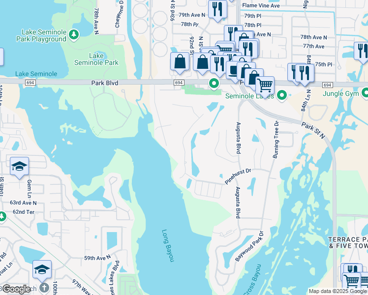map of restaurants, bars, coffee shops, grocery stores, and more near Greenbrier Drive in Seminole