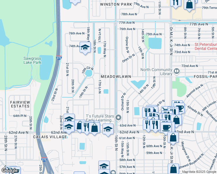 map of restaurants, bars, coffee shops, grocery stores, and more near 6831 17th Street North in St. Petersburg
