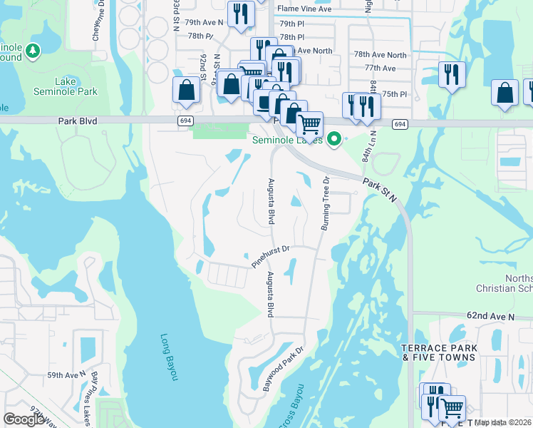 map of restaurants, bars, coffee shops, grocery stores, and more near 6852 Augusta Boulevard in Seminole
