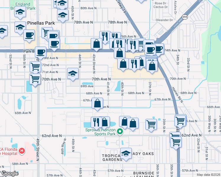 map of restaurants, bars, coffee shops, grocery stores, and more near 6813 40th Lane North in Pinellas Park