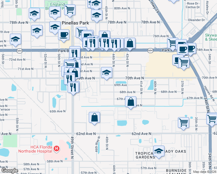map of restaurants, bars, coffee shops, grocery stores, and more near 4460 69th Avenue North in Pinellas Park