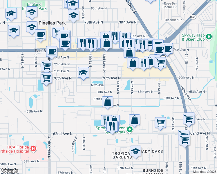 map of restaurants, bars, coffee shops, grocery stores, and more near 4181 68th Avenue North in Pinellas Park