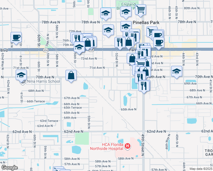map of restaurants, bars, coffee shops, grocery stores, and more near 5290 70th Avenue North in Pinellas Park