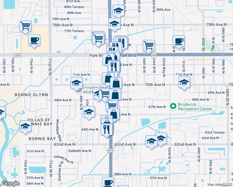 map of restaurants, bars, coffee shops, grocery stores, and more near 6851 66th Street North in Pinellas Park