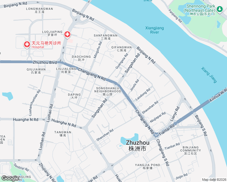 map of restaurants, bars, coffee shops, grocery stores, and more near Song Shan Lu in Zhu Zhou Shi