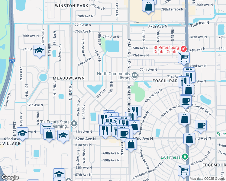 map of restaurants, bars, coffee shops, grocery stores, and more near 6833 12th Street North in St. Petersburg