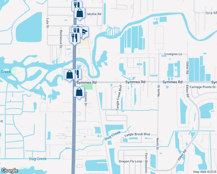 map of restaurants, bars, coffee shops, grocery stores, and more near 11512 Tangle Stone Drive in Gibsonton