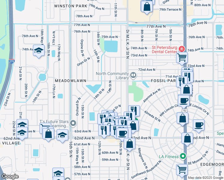 map of restaurants, bars, coffee shops, grocery stores, and more near 6833 12th Street North in St. Petersburg