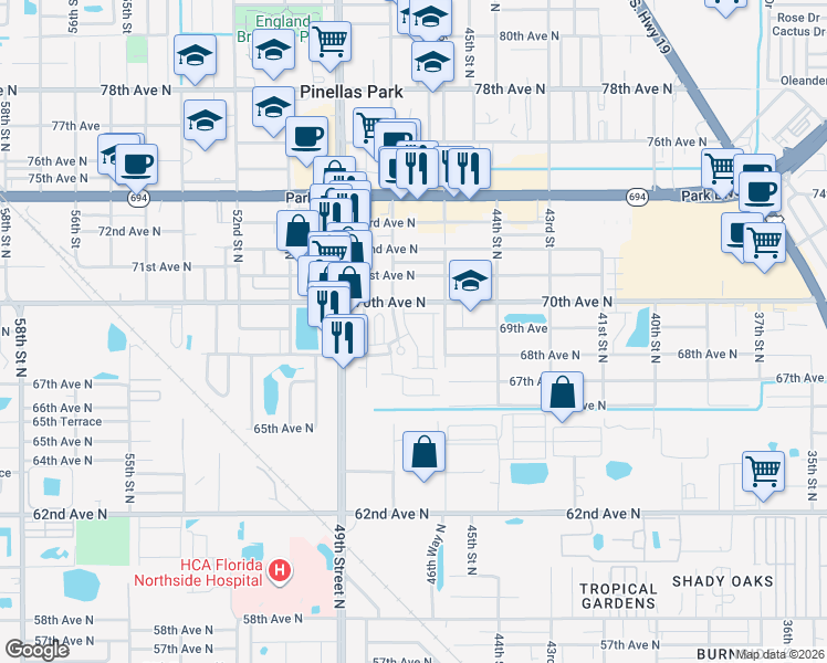 map of restaurants, bars, coffee shops, grocery stores, and more near 6857 46th Way North in Pinellas Park