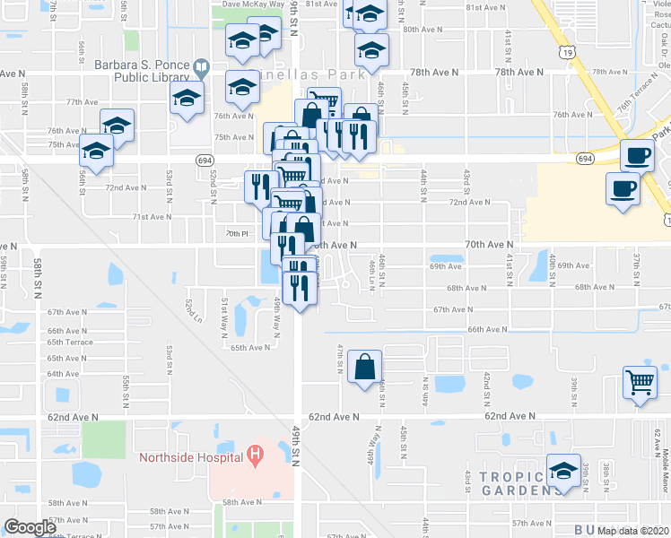 map of restaurants, bars, coffee shops, grocery stores, and more near 6889 47th Lane North in Pinellas Park