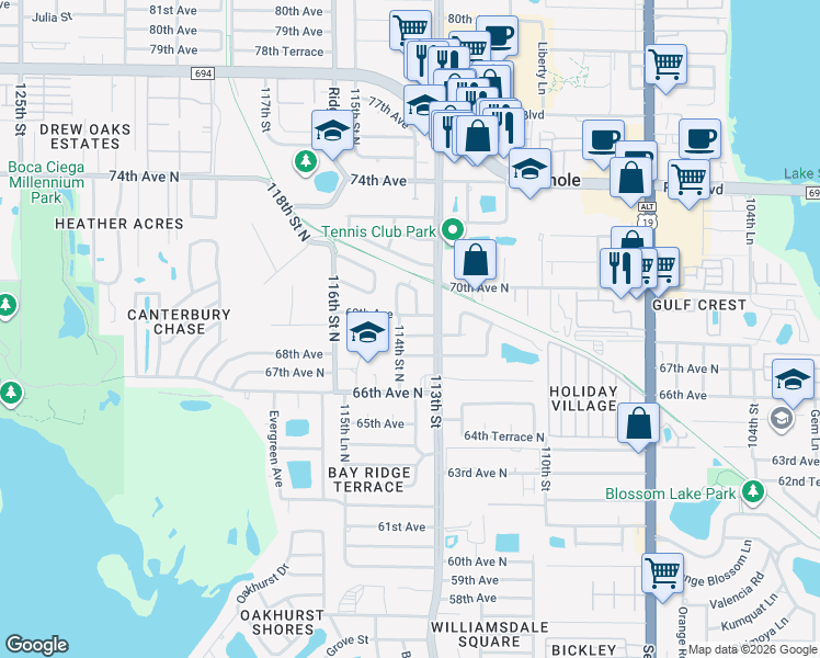 map of restaurants, bars, coffee shops, grocery stores, and more near 11375 68th Avenue in Seminole