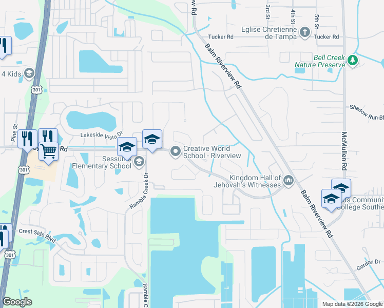 map of restaurants, bars, coffee shops, grocery stores, and more near 11419 Coconut Island Drive in Riverview