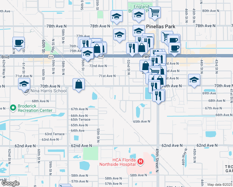 map of restaurants, bars, coffee shops, grocery stores, and more near 5290 70th Avenue North in Pinellas Park