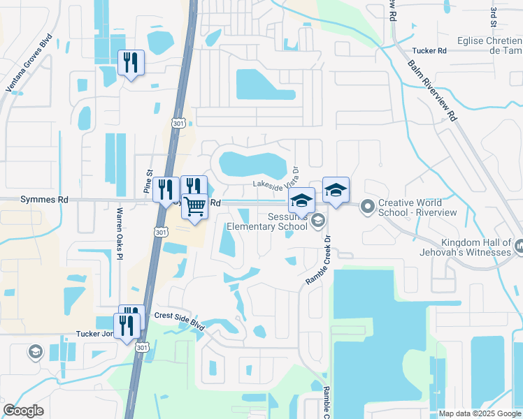 map of restaurants, bars, coffee shops, grocery stores, and more near 11413 Crestlake Village Drive in Riverview