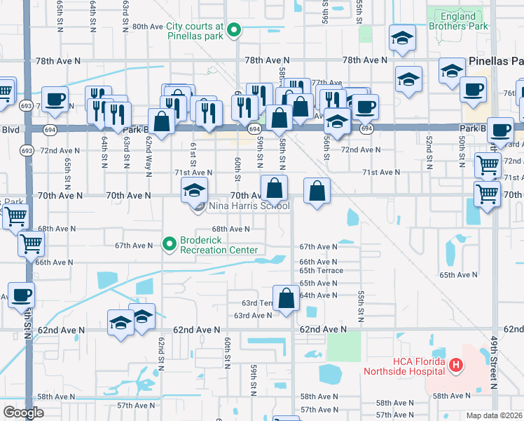 map of restaurants, bars, coffee shops, grocery stores, and more near 6821 59th Way North in Pinellas Park