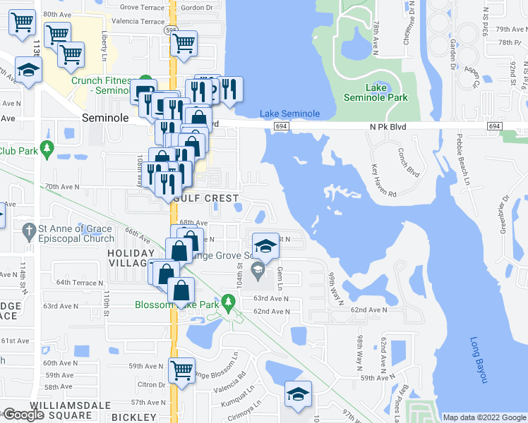 map of restaurants, bars, coffee shops, grocery stores, and more near 10405 Addison Way in Seminole