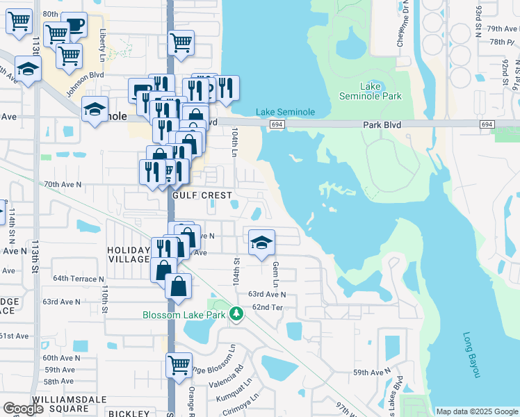 map of restaurants, bars, coffee shops, grocery stores, and more near 10204 Addison Way in Seminole