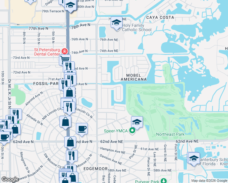 map of restaurants, bars, coffee shops, grocery stores, and more near 6828 Mount Quincy Drive in St. Petersburg