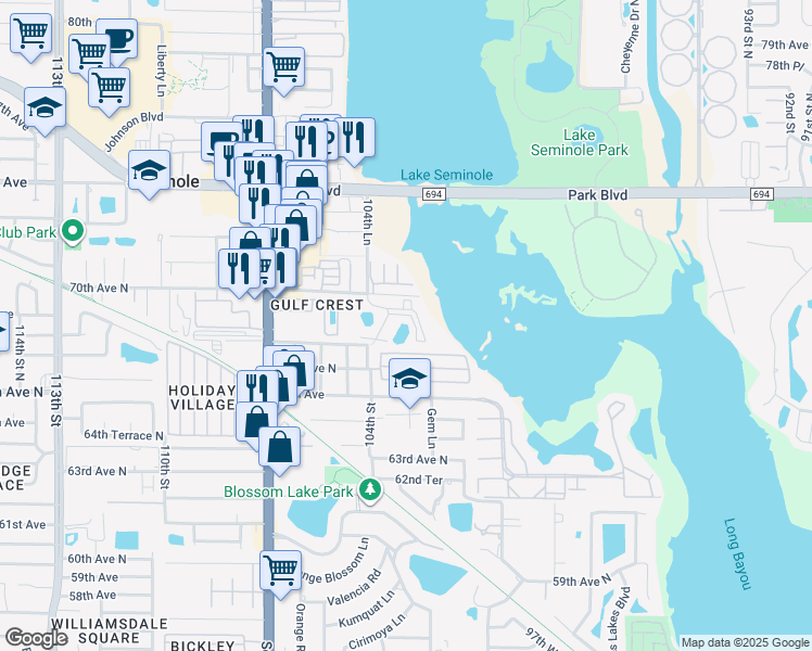 map of restaurants, bars, coffee shops, grocery stores, and more near 10204 Addison Way in Seminole
