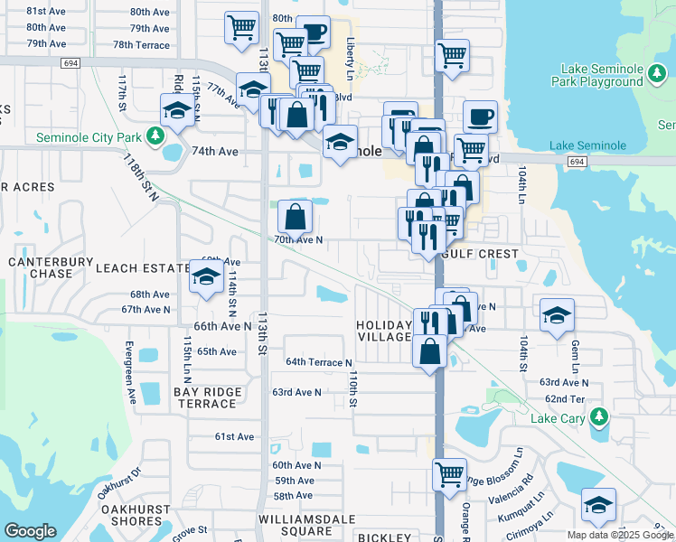 map of restaurants, bars, coffee shops, grocery stores, and more near 11000 70th Avenue in Seminole