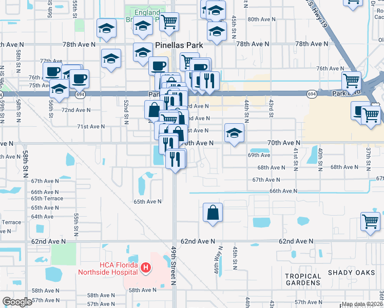 map of restaurants, bars, coffee shops, grocery stores, and more near 4734 68th Terrace in Pinellas Park